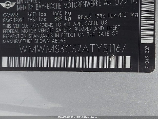 2010 MINI COOPER S WMWMS3C52ATY51167 Photo 8