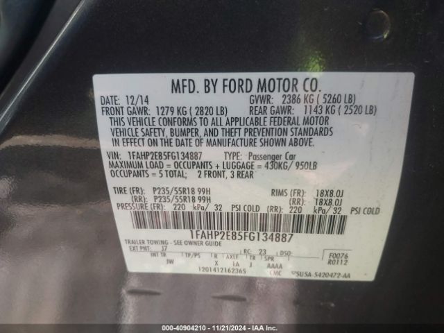 1FAHP2E85FG134887 Ford TAURUS SEL