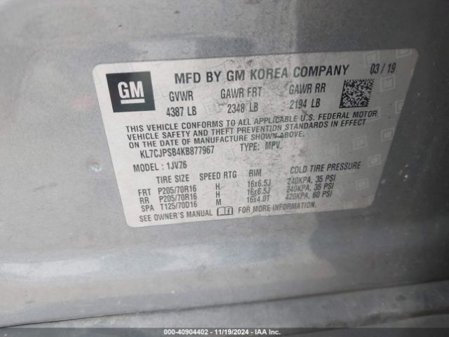 KL7CJPSB4KB877967 Chevrolet Trax Lt
