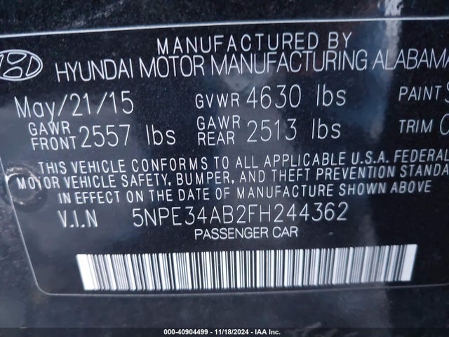 Hyundai Sonata Limited 2.0t 2015 5NPE34AB2FH244362 Image 9