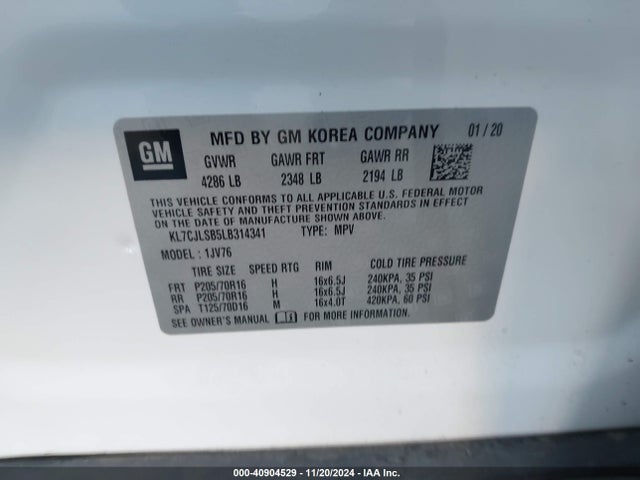 Продаж на аукціоні авто 2020 Chevrolet Trax Fwd Lt, vin: KL7CJLSB5LB314341, номер лоту: 40904529