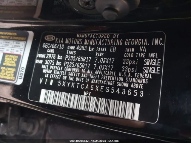 5XYKTCA6XEG543653 KIA SORENTO LX
