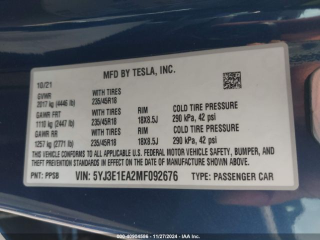 5YJ3E1EA2MF092676 Tesla Model 3 Standard Range Plus Rear-wheel Drive