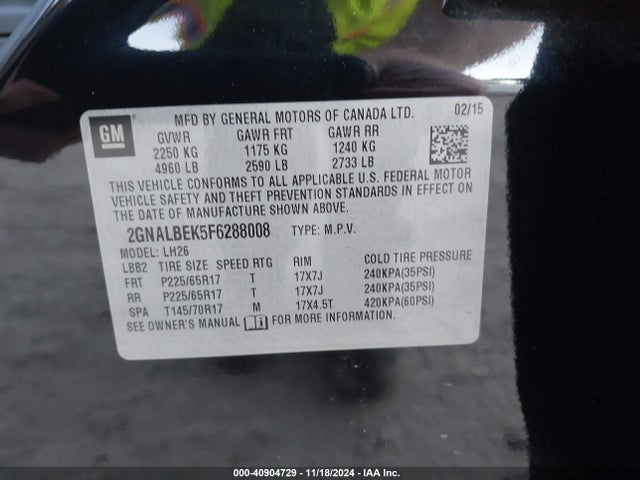 Chevrolet EQUINOX 1LT 2015 2GNALBEK5F6288008 Image 9