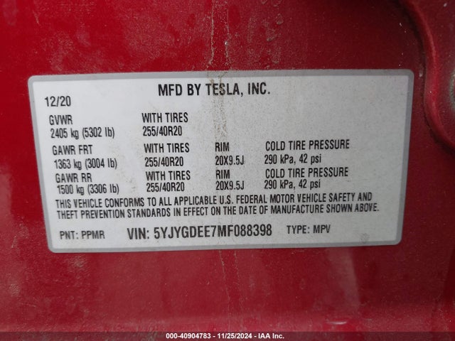 2021 TESLA MODEL Y 5YJYGDEE7MF088398 Photo 8