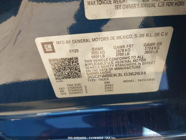 3GCPWBEK3LG362634 Chevrolet Silverado 1500 2wd  Short Bed Custom
