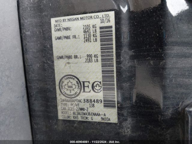 1N4AA6AP0HC388489 Nissan Maxima 3.5 Platinum/3.5 S/3.5 Sl/3.5 Sr/3.5 Sv