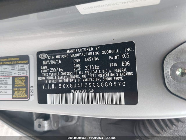 KIA OPTIMA EX 2016 5XXGU4L39GG080570 Image 9