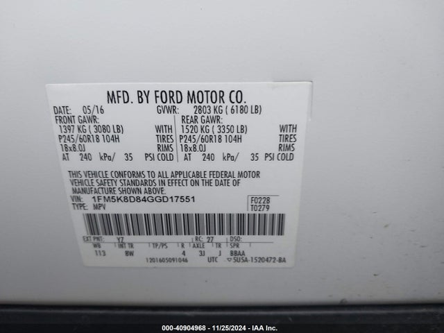 Ford EXPLORER XLT 2016 1FM5K8D84GGD17551 Image 9