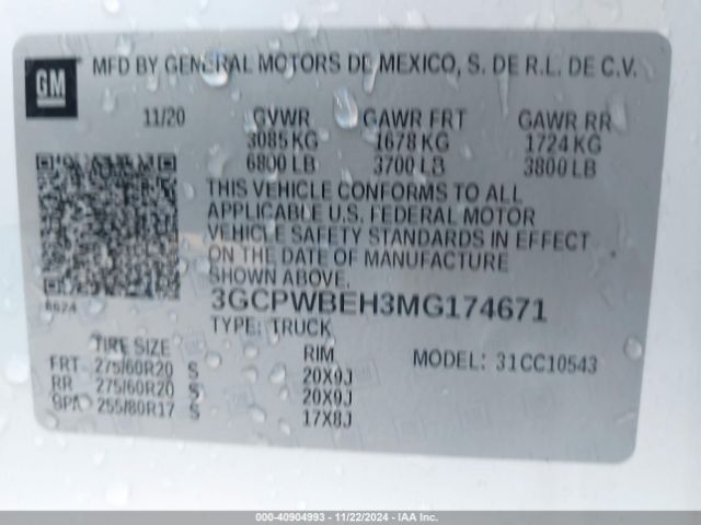 3GCPWBEH3MG174671 Chevrolet Silverado 1500 2wd  Short Bed Custom