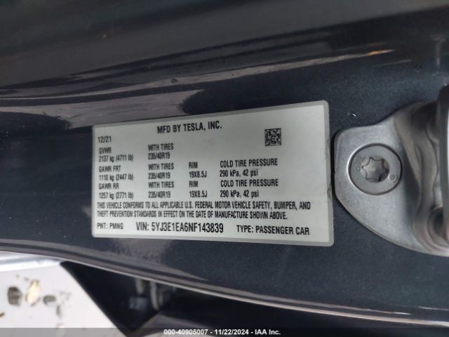 5YJ3E1EA6NF143839 Tesla Model 3 Rear-wheel Drive