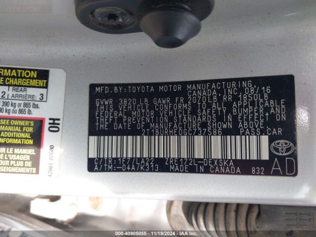 2T1BURHE0GC737586 Toyota Corolla S Premium