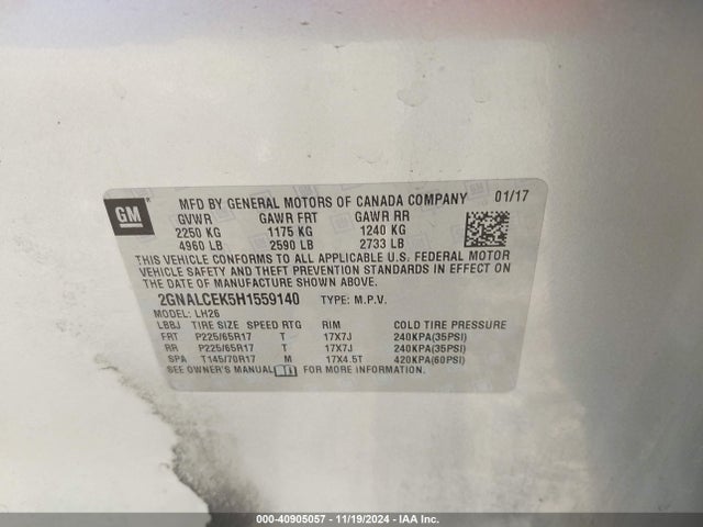 Chevrolet EQUINOX LT 2017 2GNALCEK5H1559140 Image 9