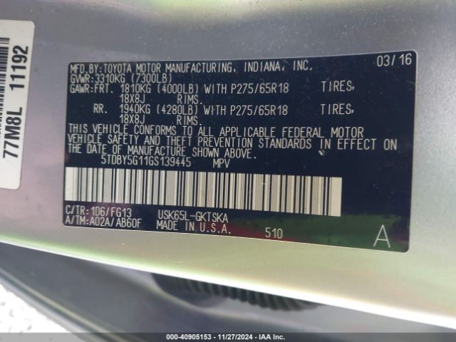 5TDBY5G11GS139445 Toyota Sequoia Sr5 5.7l V8