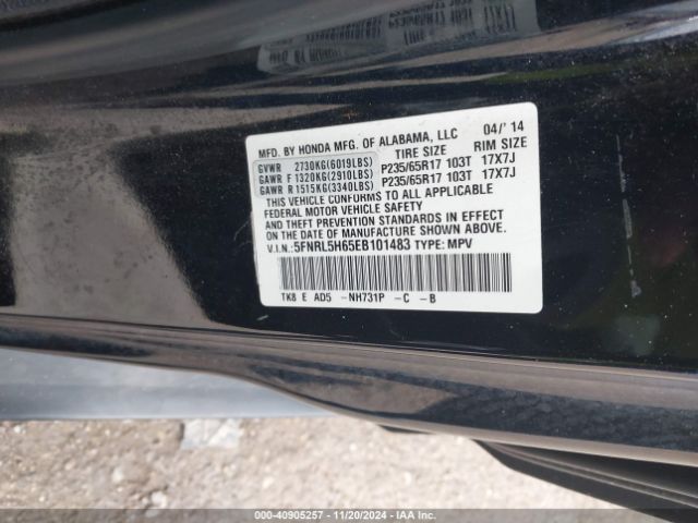5FNRL5H65EB101483 Honda Odyssey Ex-l