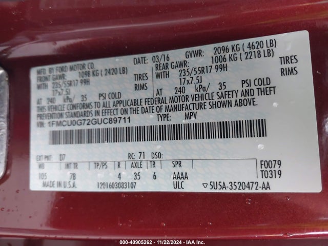 Ford ESCAPE SE 2016 1FMCU0G72GUC89711 Image 9