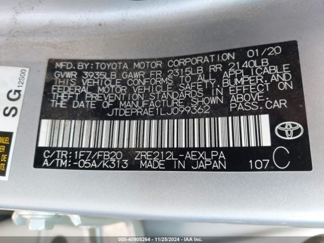 JTDEPRAE1LJ099362 Toyota COROLLA LE