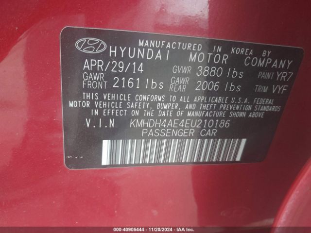 KMHDH4AE4EU210186 Hyundai ELANTRA SE