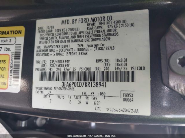 3FA6P0CD7KR138941 Ford FUSION SEL