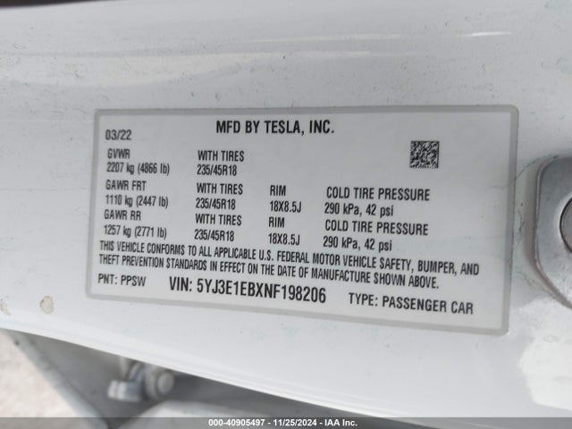 2022 TESLA MODEL 3 5YJ3E1EBXNF198206 Photo 8