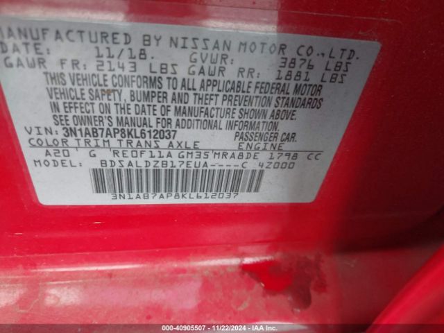 3N1AB7AP8KL612037 Nissan SENTRA SV