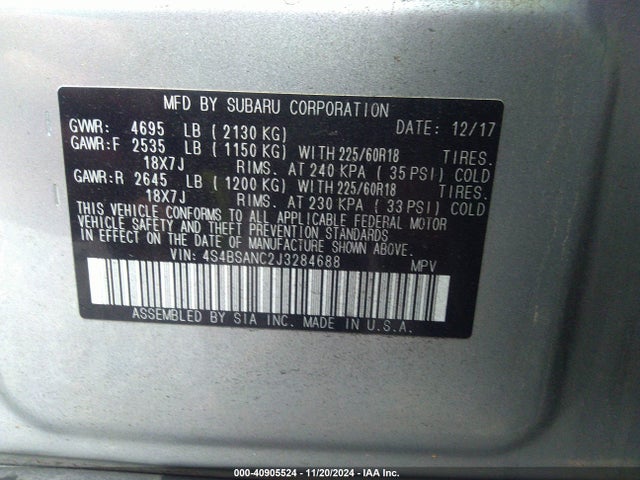 Subaru Outback 2.5i Limited 2018 4S4BSANC2J3284688 Image 9
