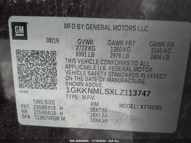 1GKKNMLSXLZ113747 GMC Acadia Fwd Slt