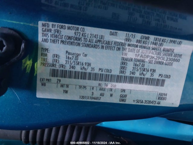 Ford FOCUS SE 2016 1FADP3K29GL230860 Image 9