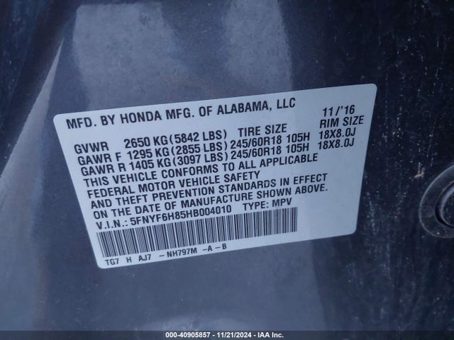 Honda Pilot Ex-l 2017 5FNYF6H85HB004010 Image 9