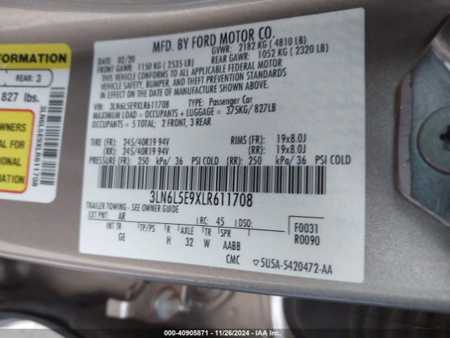 3LN6L5E9XLR611708 Lincoln Mkz Reserve