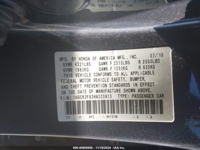 Honda Accord Ex-l 2017 1HGCR2F83HA020813 Image 9