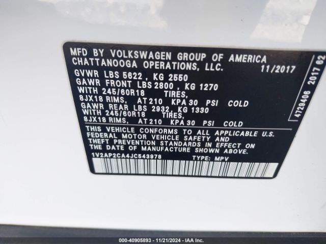 1V2AP2CA4JC543978 Volkswagen Atlas 2.0t S