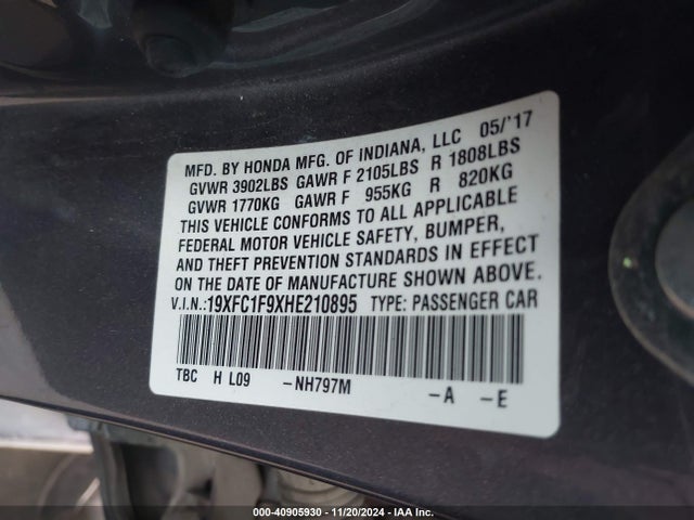 Honda Civic Touring 2017 19XFC1F9XHE210895 Image 9