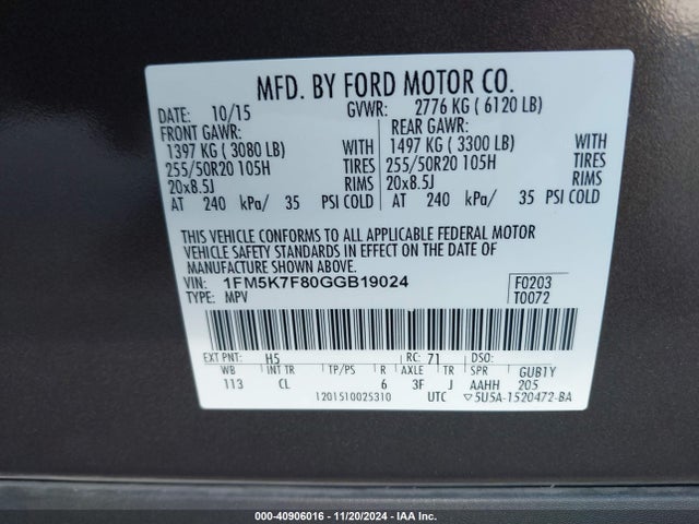 Ford Explorer Limited 2016 1FM5K7F80GGB19024 Image 9