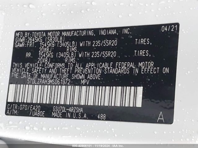 5TDLZRAH3MS061972 Toyota Highlander Xse