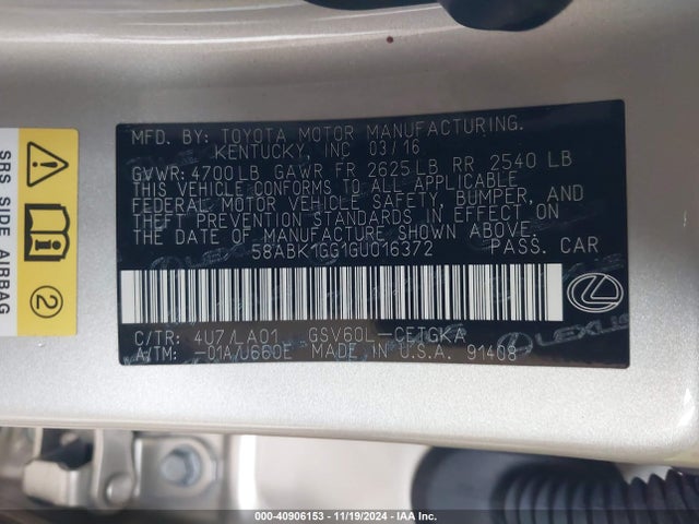 Lexus ES 350 2016 58ABK1GG1GU016372 Image 9