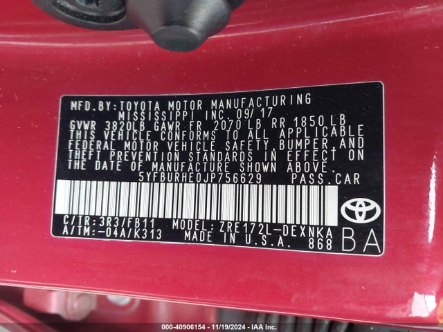 Toyota COROLLA LE 2018 5YFBURHE0JP756629 Image 9