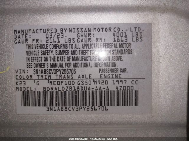 3N1AB8CV3PY256706 Nissan Sentra Sv Xtronic Cvt