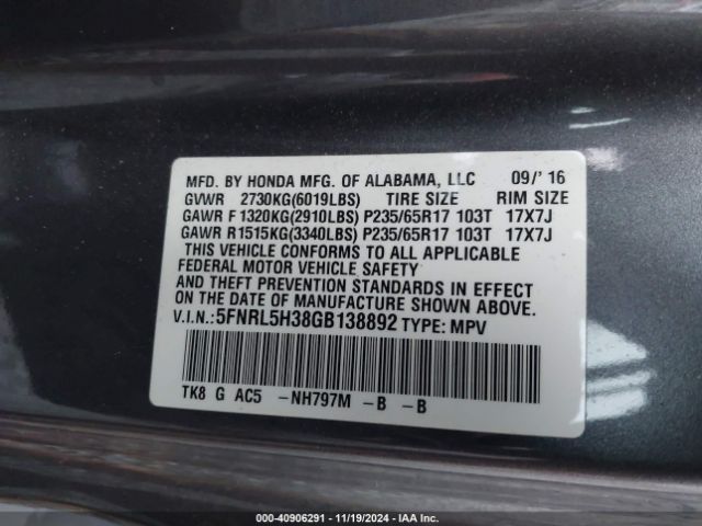 5FNRL5H38GB138892 Honda ODYSSEY SE