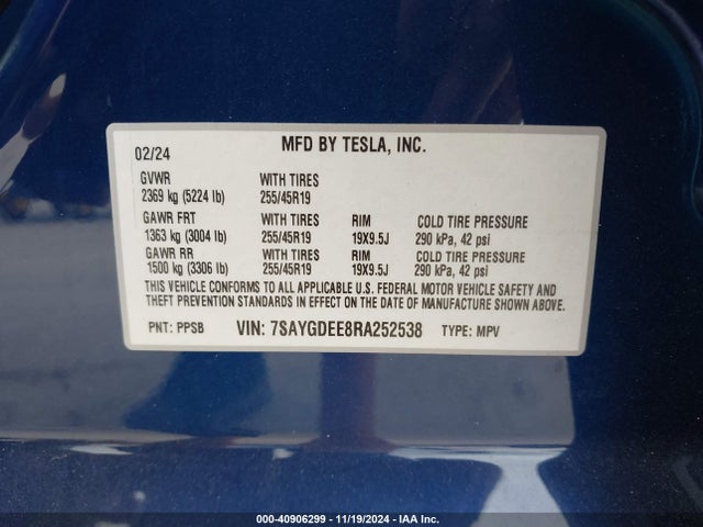 2024 TESLA MODEL Y 7SAYGDEE8RA252538 Photo 8
