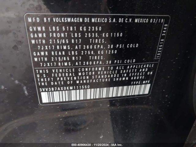 3VV3B7AX0KM111550 Volkswagen Tiguan 2.0t Se/2.0t Sel/2.0t Sel R-line/2.0t Sel R-line Black