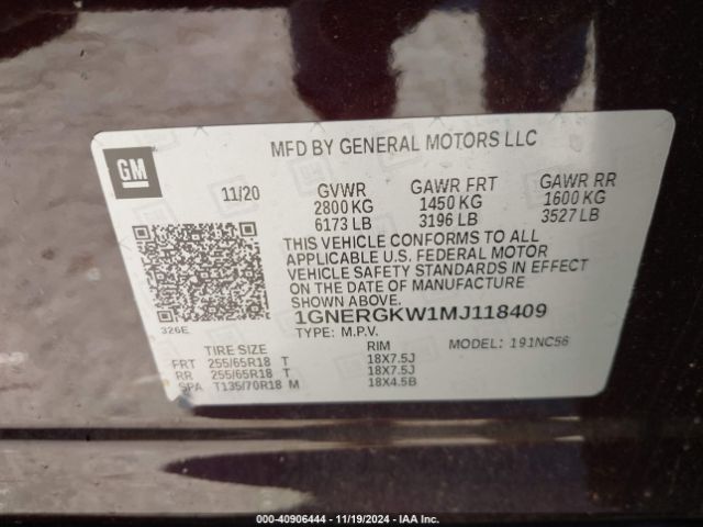 1GNERGKW1MJ118409 Chevrolet Traverse Fwd Lt Cloth