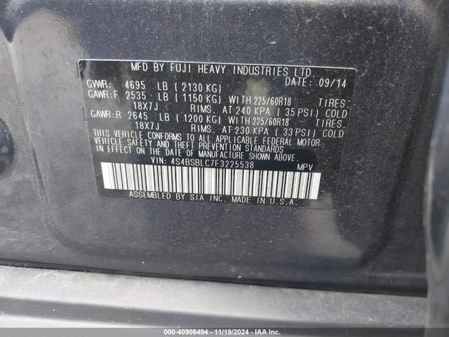 Subaru Outback 2.5i Limited 2015 4S4BSBLC7F3225538 Image 9