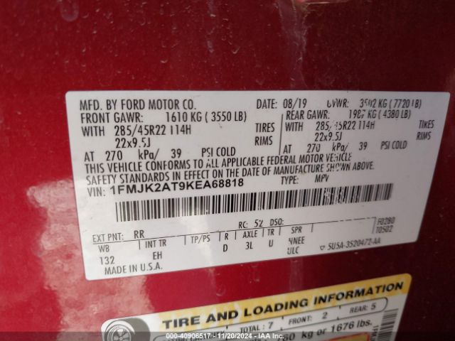 1FMJK2AT9KEA68818 Ford Expedition Max Limited