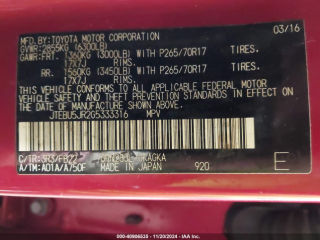 JTEBU5JR2G5333316 Toyota 4RUNNER SR5