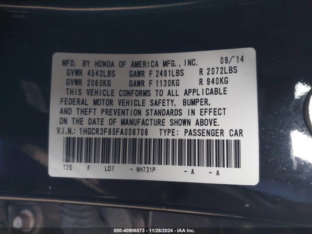 Honda Accord Ex-l V-6 2015 1HGCR3F85FA006706 Image 9