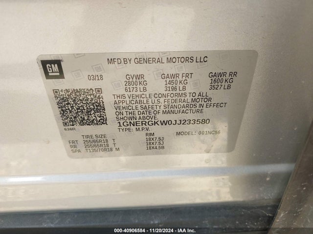 1GNERGKW0JJ233580 Chevrolet Traverse 1lt