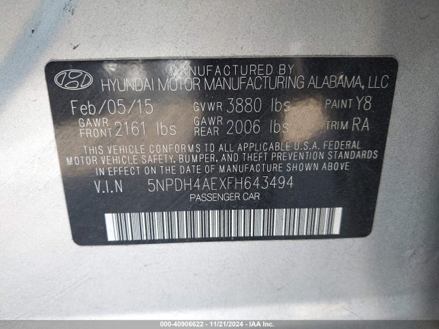 Hyundai ELANTRA SE 2015 5NPDH4AEXFH643494 Image 9