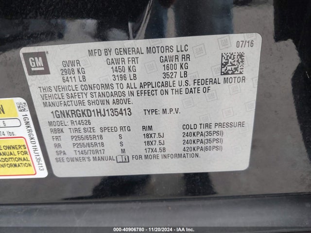 Chevrolet Traverse 1lt 2017 1GNKRGKD1HJ135413 Image 9