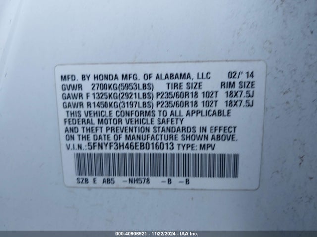 Honda Pilot Ex 2014 5FNYF3H46EB016013 Image 9